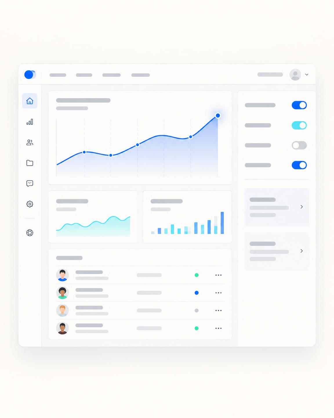 A clean software portal interface: sidebar, panels, charts and a data list, in blue on a pale background